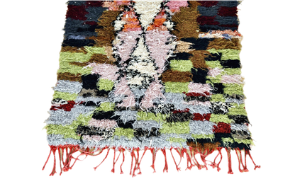 Red blue boucherouite rag rug morocco tassels