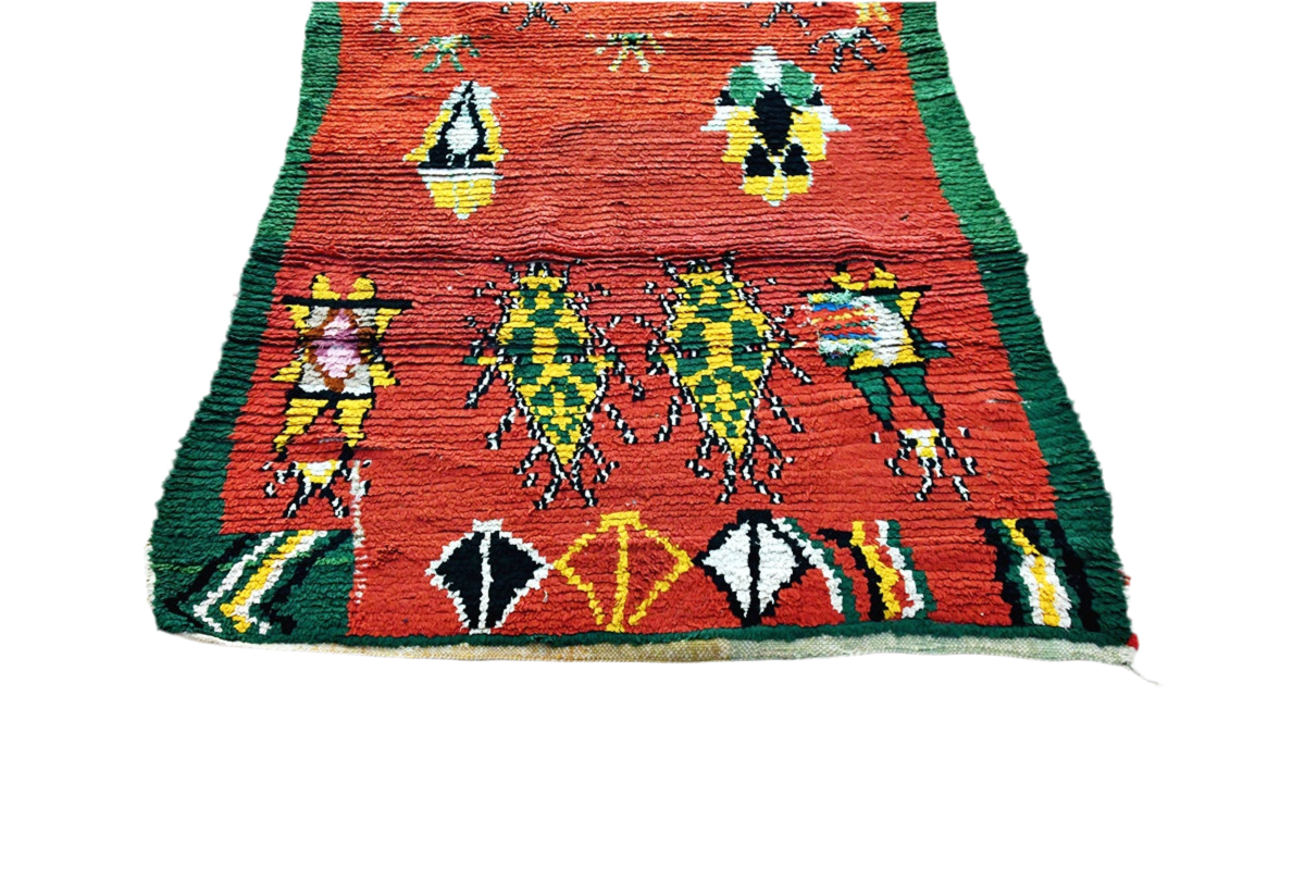 Red green yello abstract Moroccan boucherouite rag rug