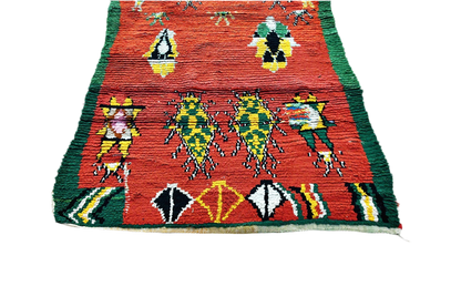 Red green yello abstract Moroccan boucherouite rag rug