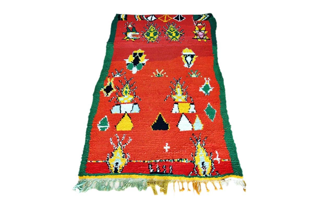 Red green yello abstract Moroccan boucherouite rag rug full