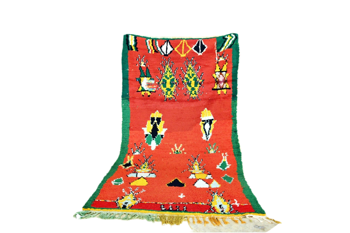 Red green yello abstract Moroccan boucherouite rag rug standing