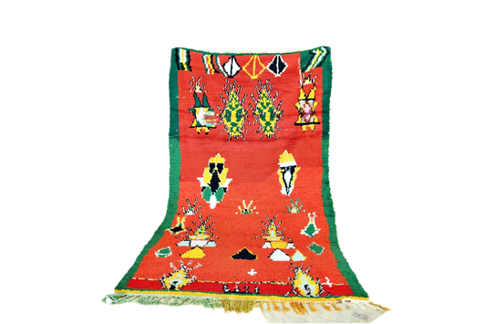 Red green yello abstract Moroccan boucherouite rag rug standing