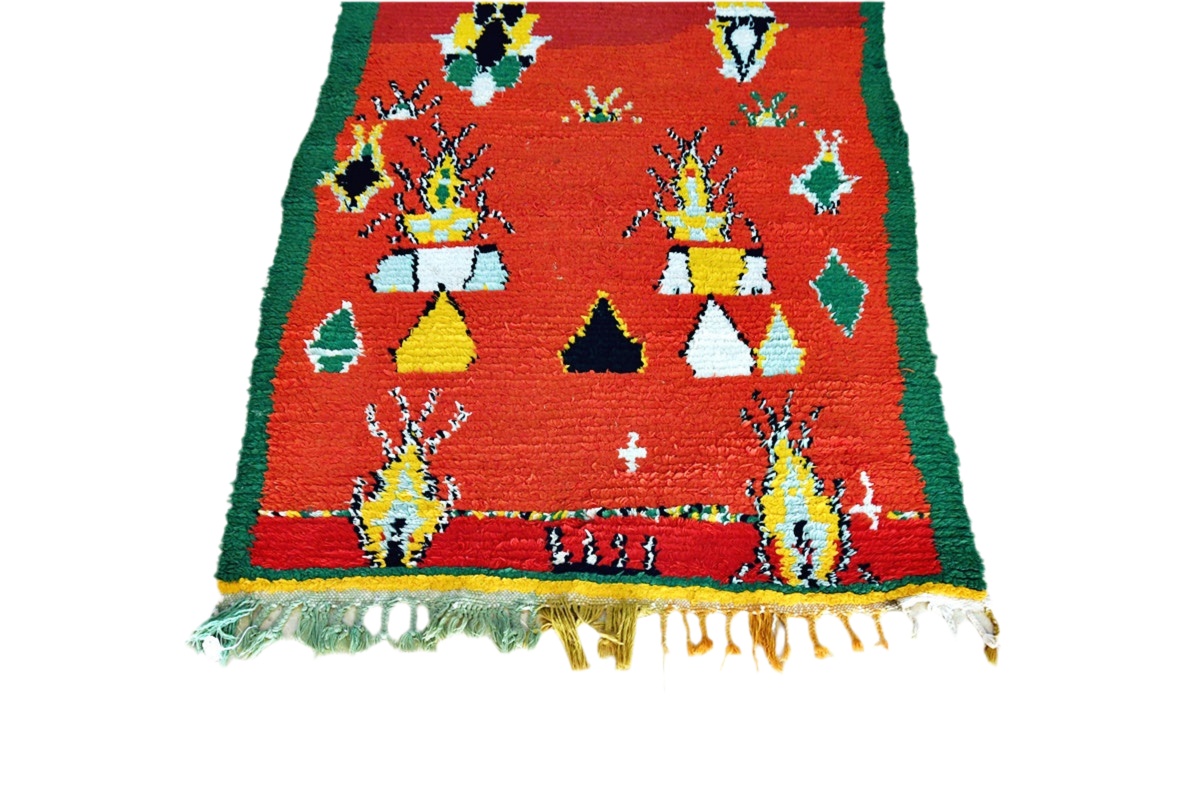 Red green yello abstract Moroccan boucherouite rag rug tassels