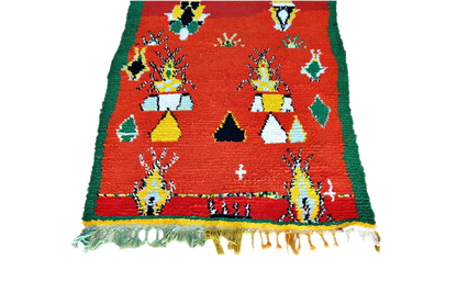 Red green yello abstract Moroccan boucherouite rag rug tassels