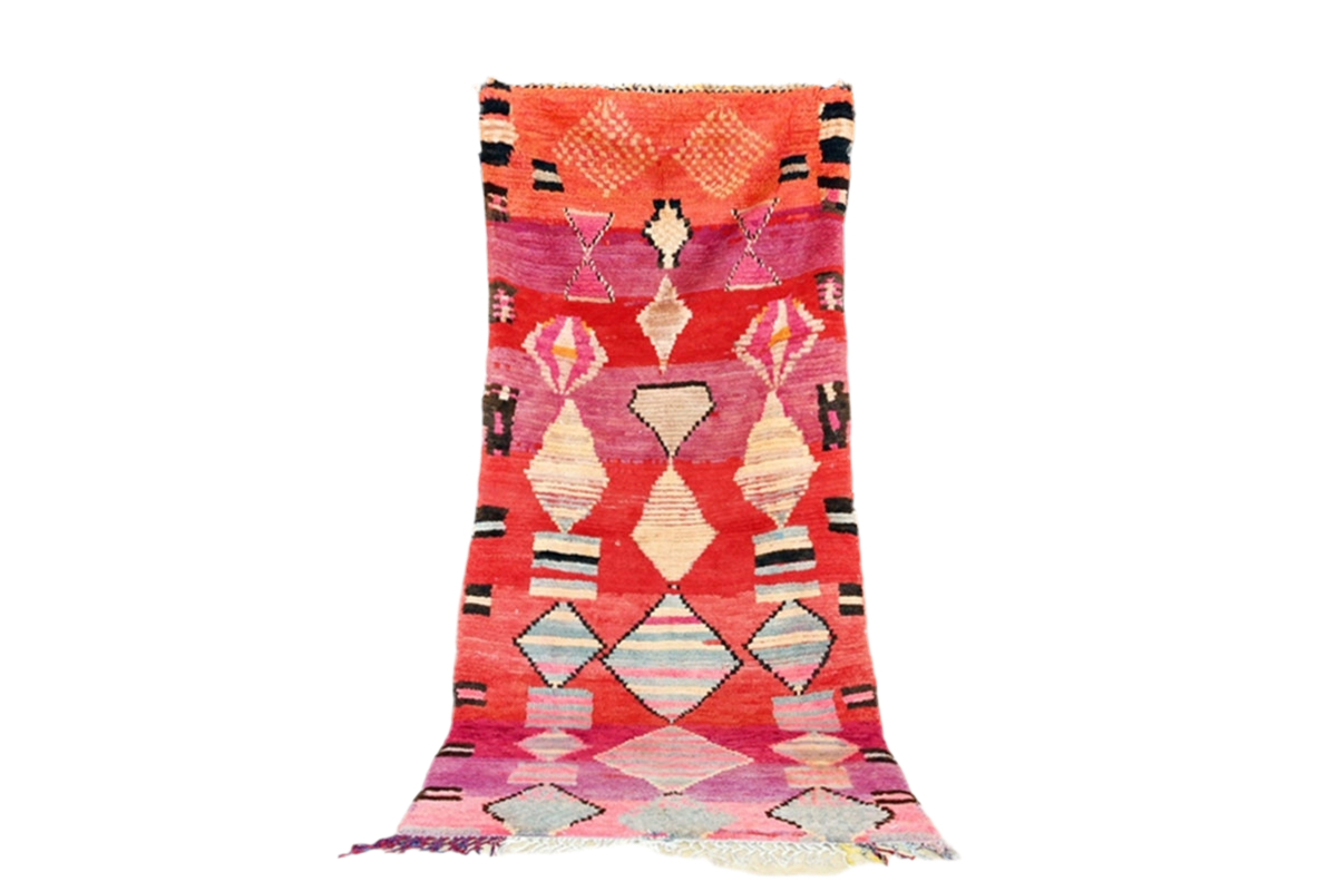 Red purple grey moroon diamonds vintage boujaad moroccan runner rug standing