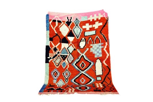 Red white black moroccan boujaad rug standing