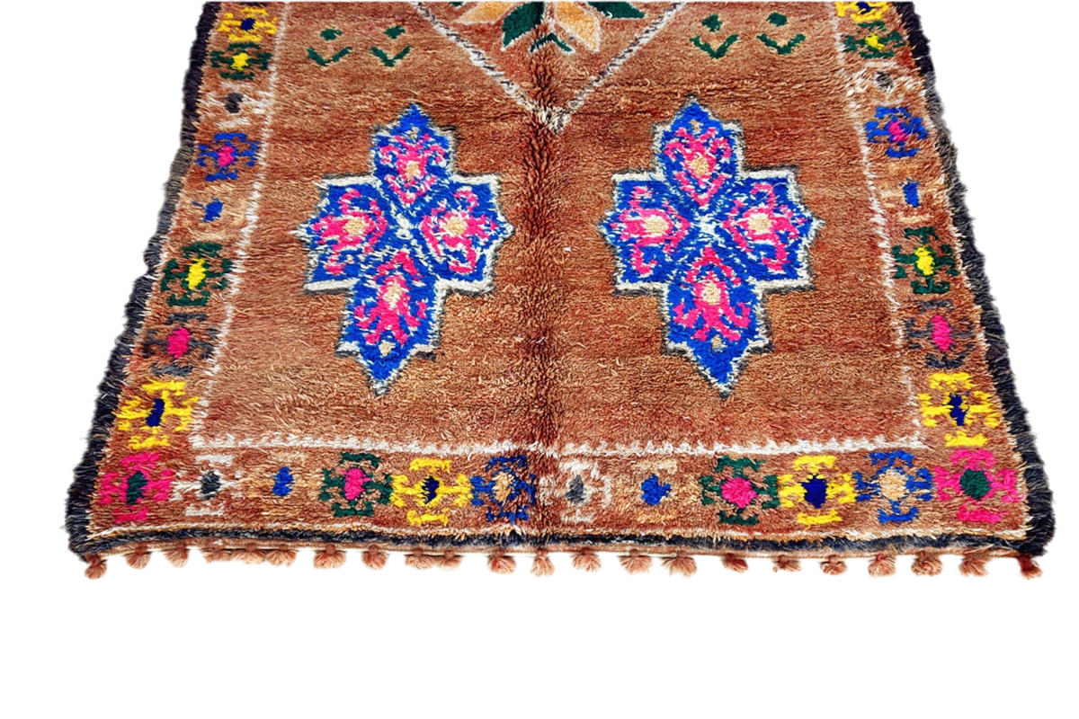 Rust blue pink Marmoucha vintage moroccan rug tassels
