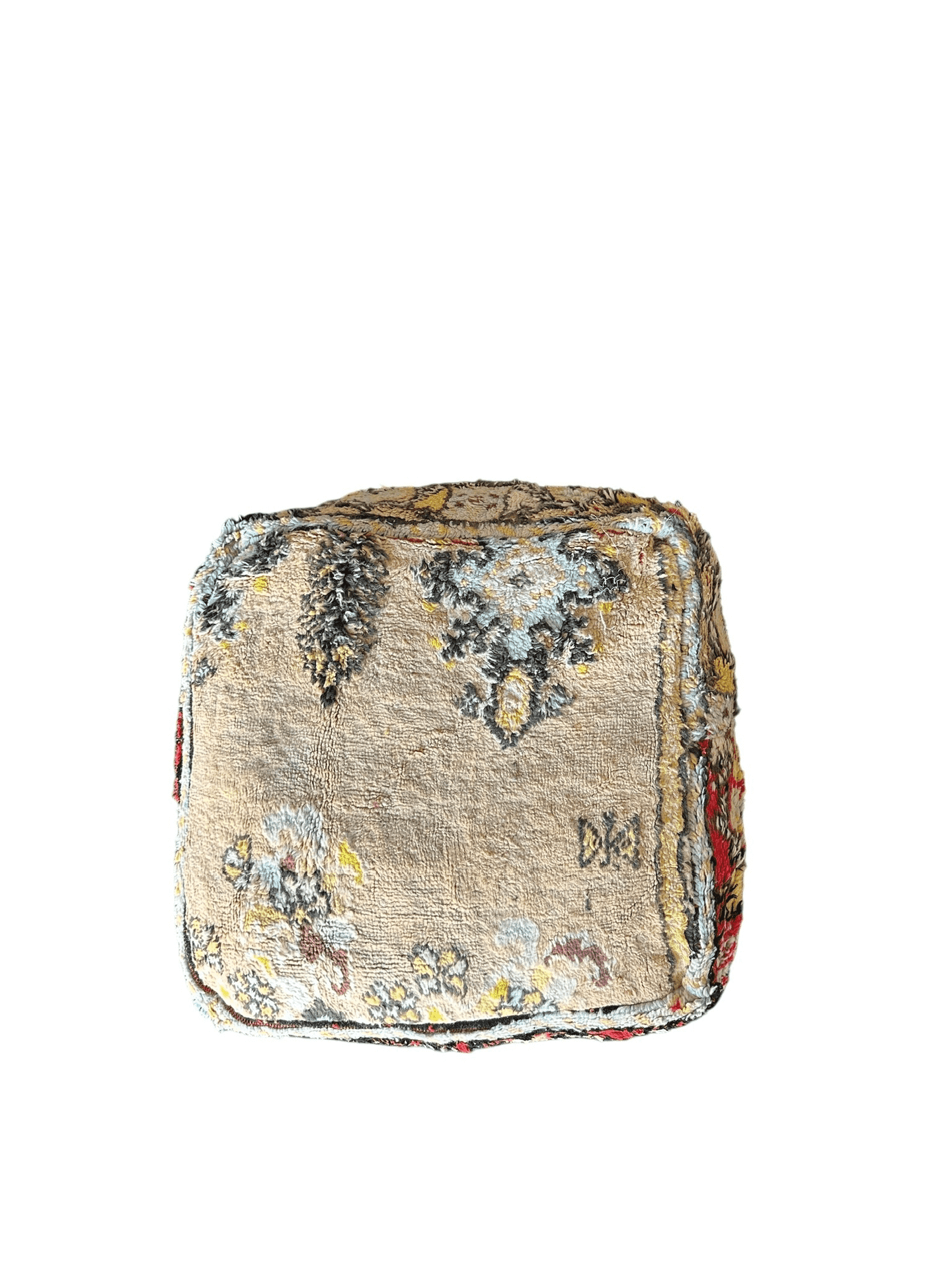Square Moroccan wool pouf cover beige red yellow front