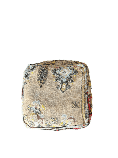Square Moroccan wool pouf cover beige red yellow front
