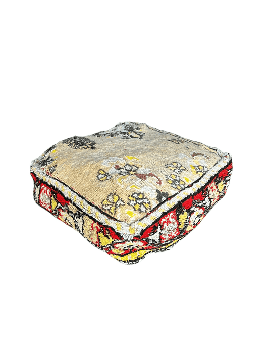 Square Moroccan wool pouf cover beige red yellow side