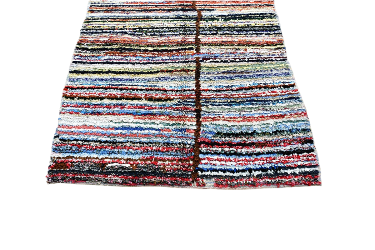 Striped Moroccan Boucherouite rug blue red white black