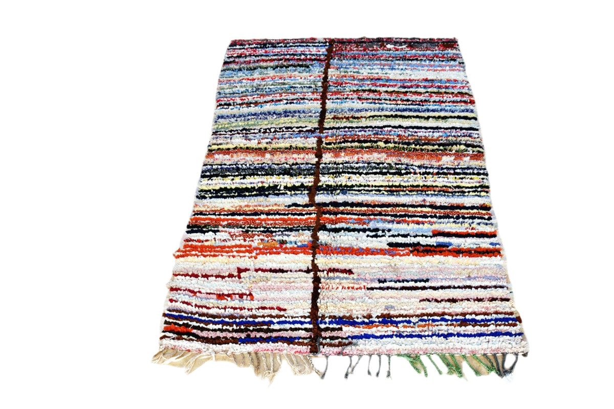 Striped Moroccan Boucherouite rug blue red white black full