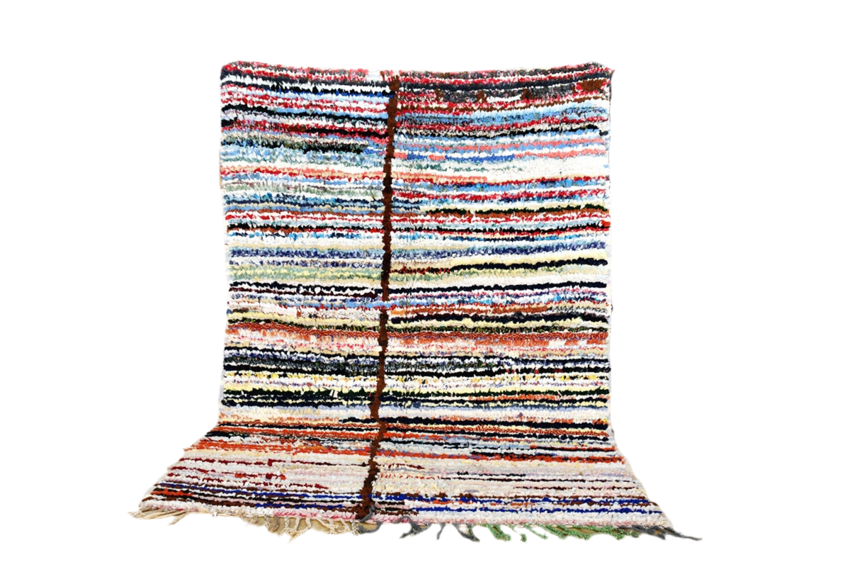 Striped Moroccan Boucherouite rug blue red white black standing