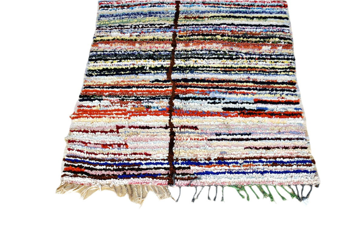 Striped Moroccan Boucherouite rug blue red white black tassels