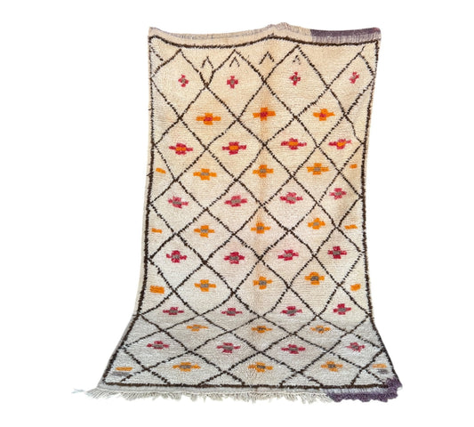 Yellow red black diamonds white moroccan beni ourain vintage rug