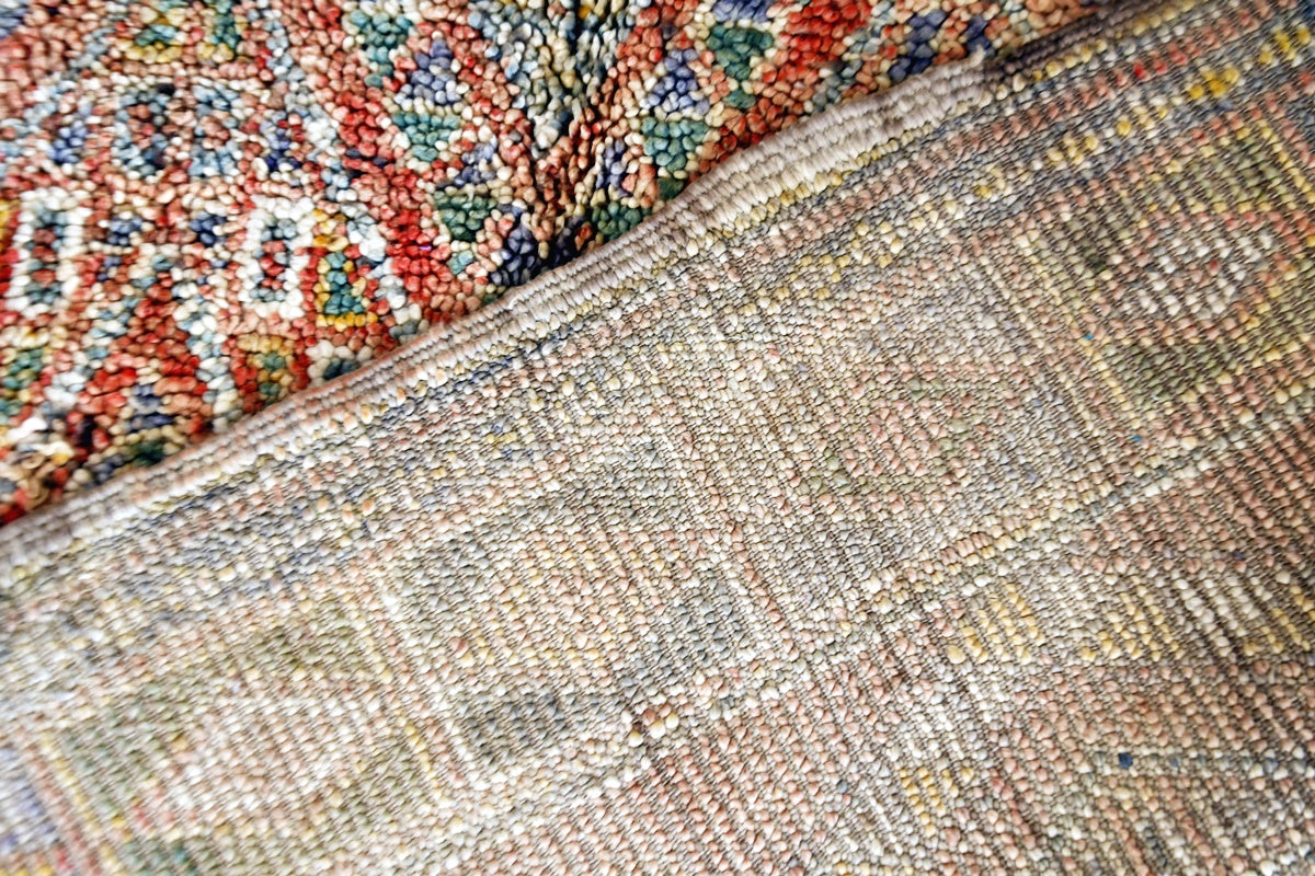 back faded rust green beni mguild rug