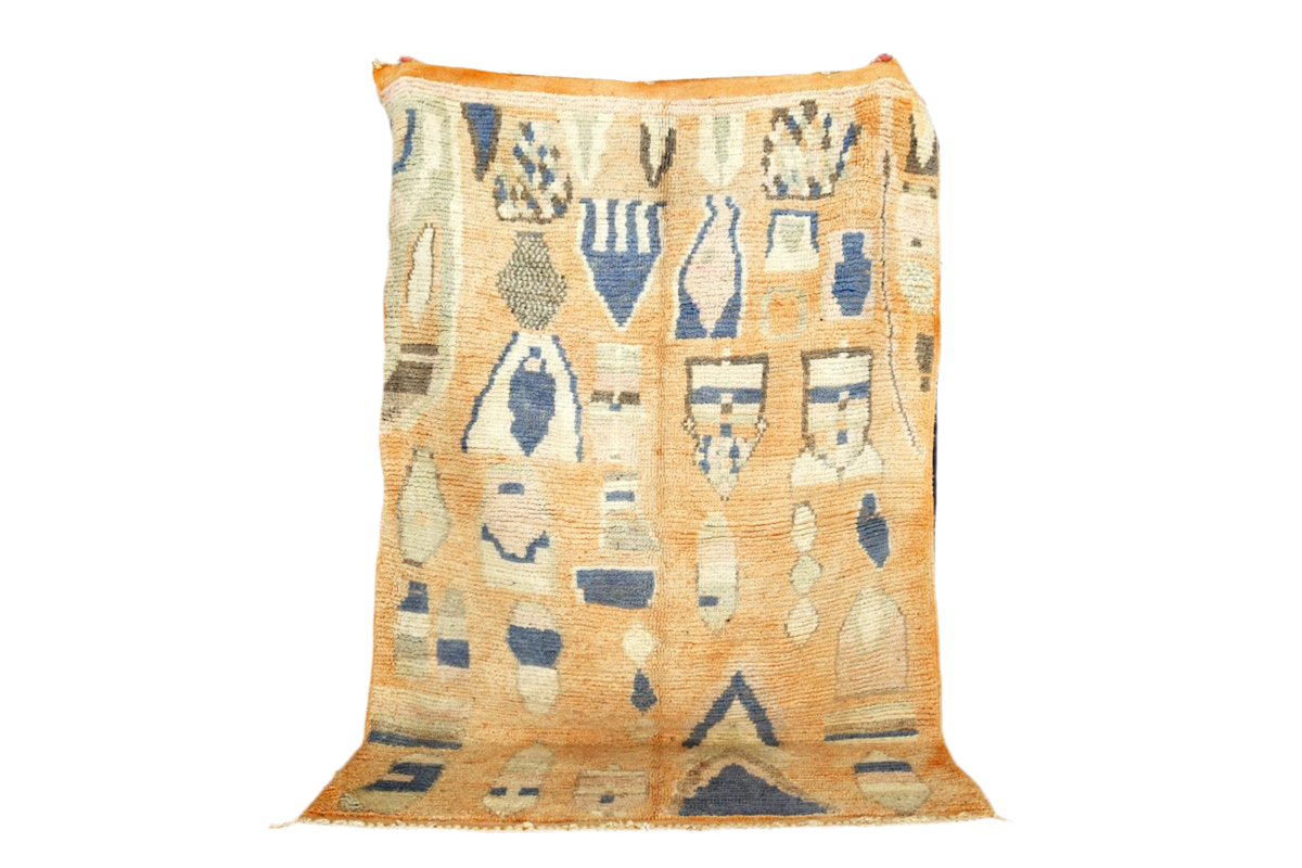 peach blue moroccan boujaad rug standing