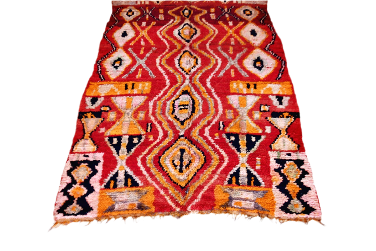 red abstract vintage boujaad rug morocco yellow bottom tassels