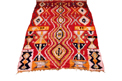 red abstract vintage boujaad rug morocco yellow bottom tassels
