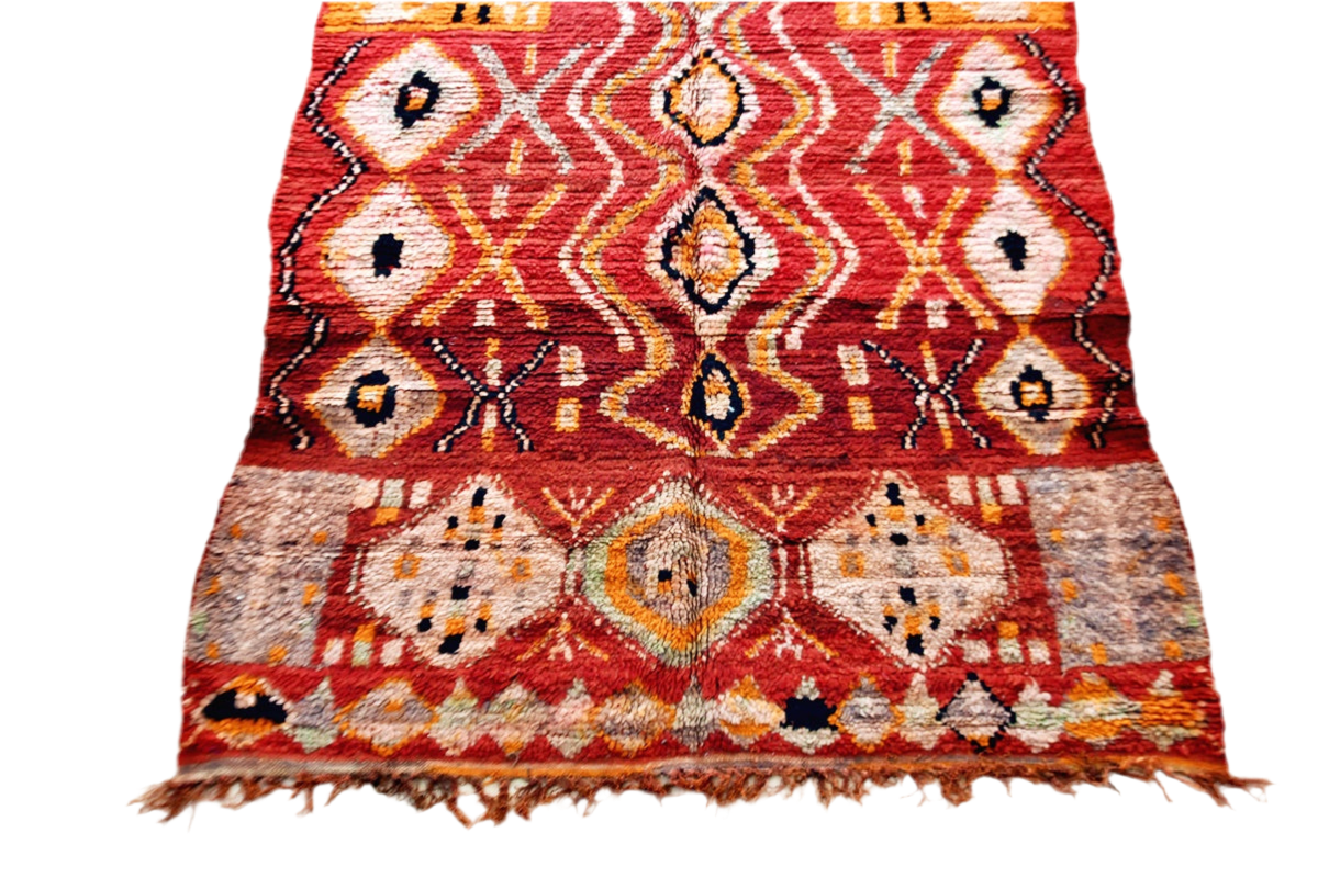 red abstract vintage boujaad rug morocco yellow bottom tassels