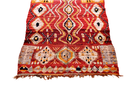 red abstract vintage boujaad rug morocco yellow bottom tassels