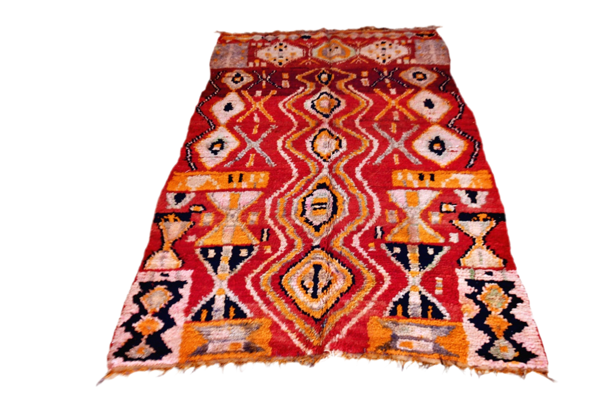 red abstract vintage boujaad rug morocco yellow front