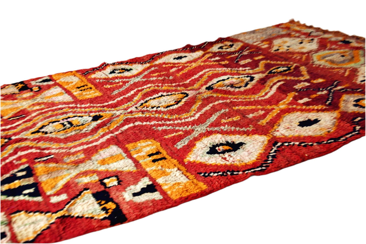 red abstract vintage boujaad rug morocco yellow side shot