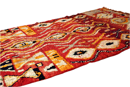 red abstract vintage boujaad rug morocco yellow side shot