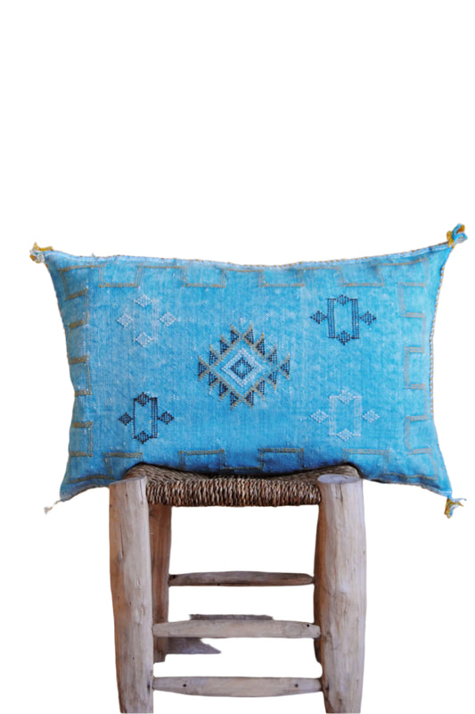 Turquoise blue moroccan cactus silk cushion 60cmx40cm 