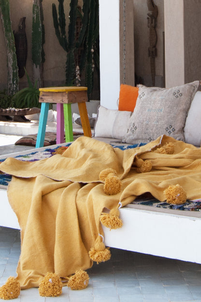 Labboho mustard pompom blanket cotton handmade boho interior boho chick