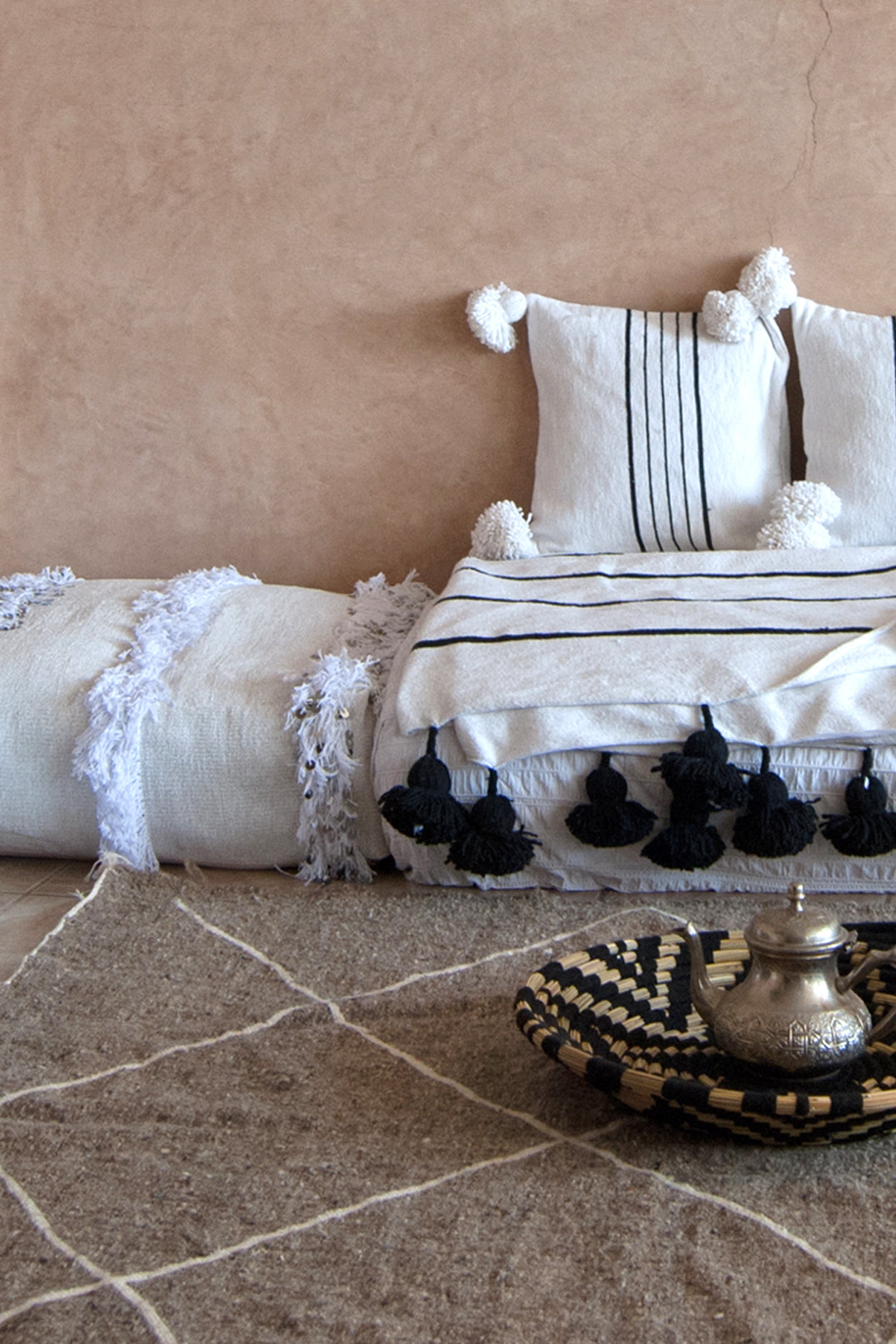 White black stripe cotton pompom throw