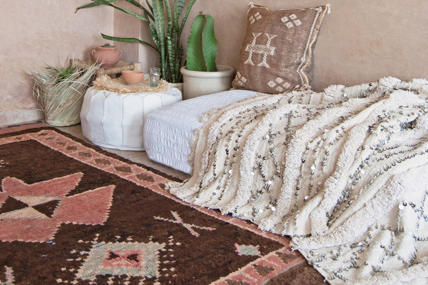 Boho heaven interior decor moroccan rug cactus silk pouf 